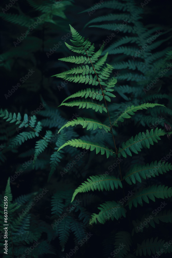 Native fern branches in a dark natural forest, with beautiful green leaves and silver cool cinematic lighting. Dark rainforest, subtropical, close up nature photography of plants and trees Native fern branches in a dark natural forest, with beautiful green leaves and silver cool cinematic lighting. Dark rainforest, subtropical, close up nature photography of plants and trees