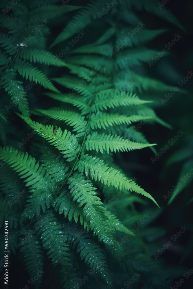 Native fern branches in a dark natural forest, with beautiful green leaves and silver cool cinematic lighting. Dark rainforest, subtropical, close up nature photography of plants and trees
