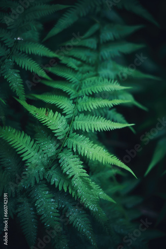 Native fern branches in a dark natural forest  with beautiful green leaves and silver cool cinematic lighting. Dark rainforest  subtropical  close up nature photography of plants and trees