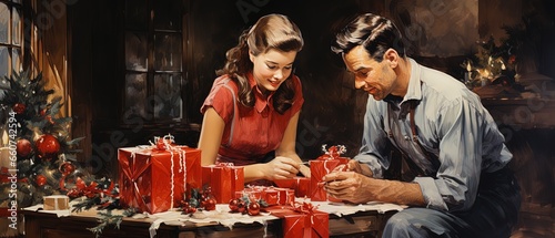 Vintage watercolor of parents Christmas wrapping  presents. Retro 1950s painting of couple with gifts. © berkeley