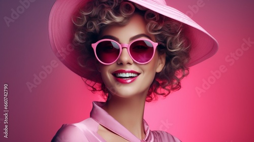portrait of a woman wear pink glasses and hat