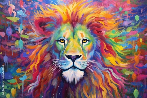 Vibrant lion with psychedelic colors. Generative AI © Joseph