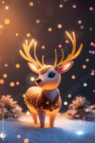 Charming Full-Body Reindeer in 3D Vector Art: Fantasy and Bokeh Magic , with space for text