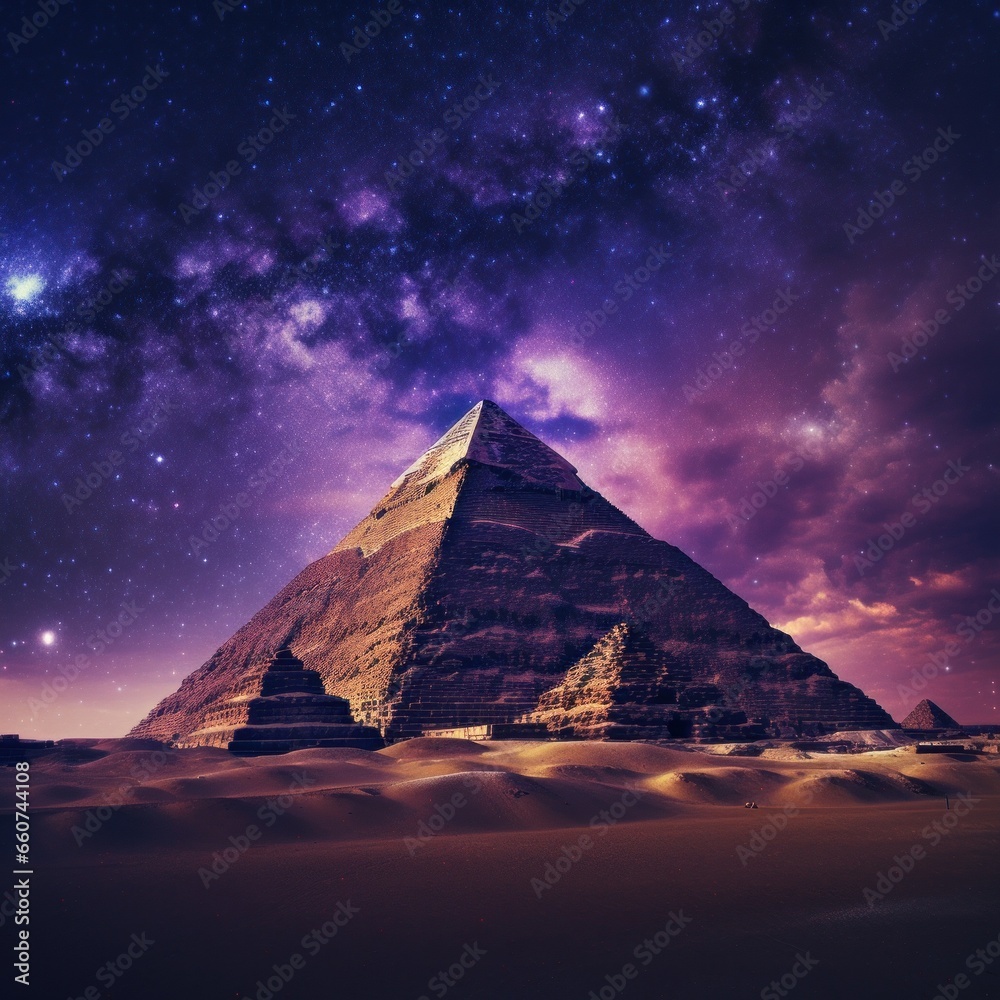 pyramid under a colorful sky, purple, yellow at night and desert sand