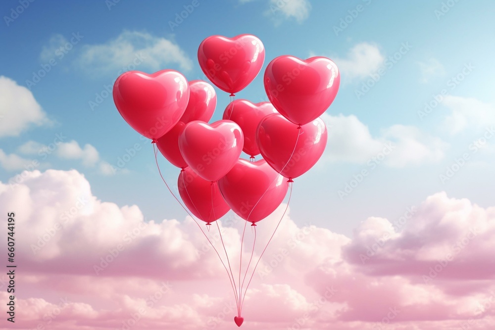 A cluster of 12 heart shaped balloons soaring in the air. Generative AI