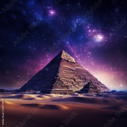 pyramid under a colorful sky, purple, yellow at night and sand