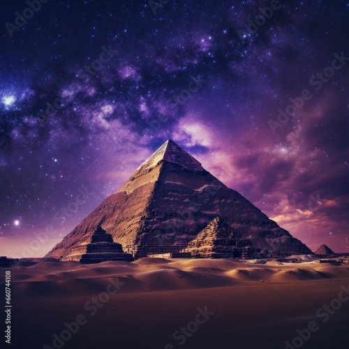 pyramid under a colorful sky  purple  yellow at night and desert sand