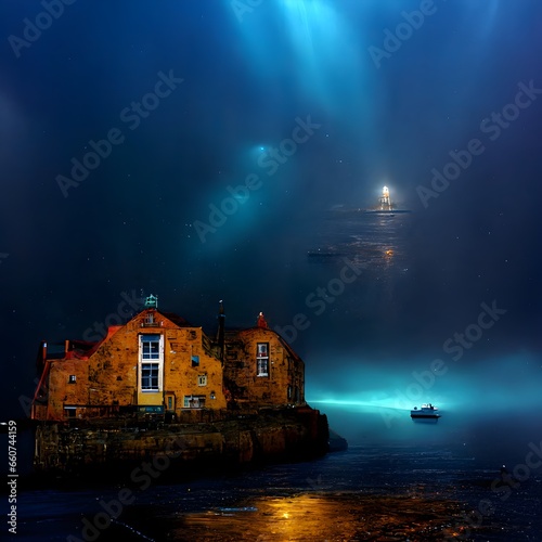 eyemouth habour scotland habour master house in a blue unexplored planet infused with lights and sense of wonder with dramatic lighting inside the deep oceanin the background a bg halo with emissive  photo