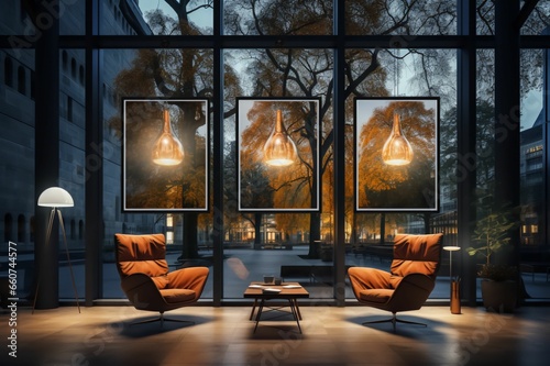 Mockup d'affiche dans une salle d'exposition au dessus d'un lounge avec un jolie design et belle architecture,  format d'affichage A4, A3, A2, deux fauteuils vide, interview, cosy, chaleureux