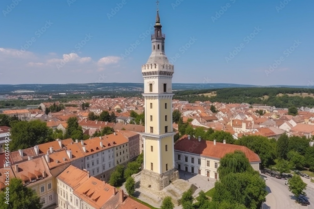Aerial view fire-watch tower Ovaros Square, Veszprem medieval buildings sunny summer clear blue sky. Generative AI