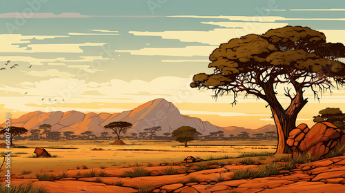 African bush landscape. AI generated illustration photo