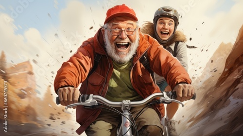 elderly man riding a bike with his son © nadunprabodana