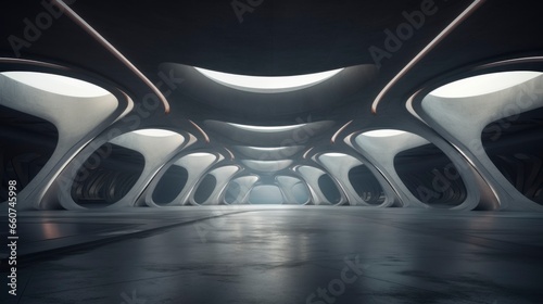 Fototapeta Naklejka Na Ścianę i Meble -  large spaceship inside illuminated with gray floor and strong yellow lights