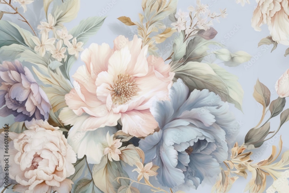 A dreamy wallpaper featuring intricate details of pastel blooms with a blue and gold tone, evoking a fantasy fairytale aesthetic in a luxurious rococo style background. Generative AI - obrazy, fototapety, plakaty 