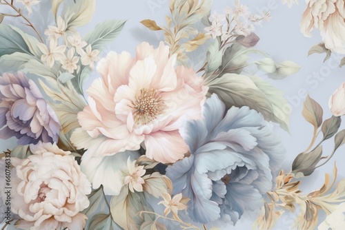 A dreamy wallpaper featuring intricate details of pastel blooms with a blue and gold tone, evoking a fantasy fairytale aesthetic in a luxurious rococo style background. Generative AI © Melisande