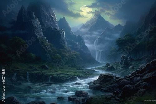 A moonlit night with a river flowing through a mountainous landscape. Generative AI © Eudora