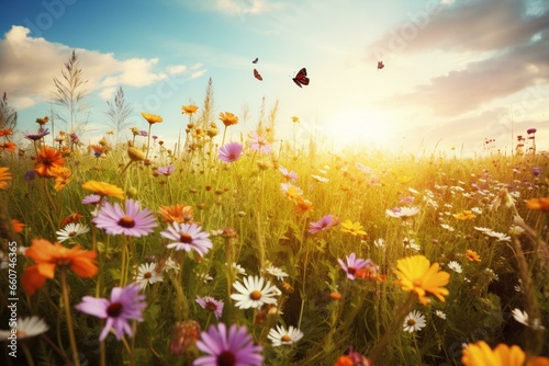 Floral meadow teeming with butterflies under bright sun. Generative AI