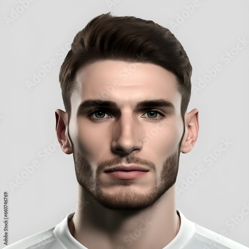 Establishing shot of head of Albanian 23yo soccer player on a wide white background delightful ultra realistic 8K photo realistic 