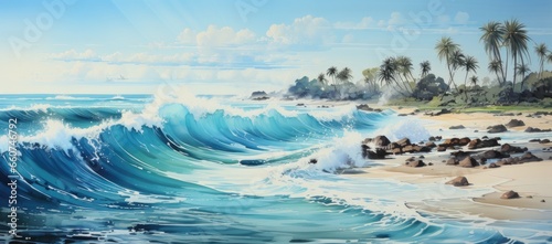 blue beach and palm tree wave on background stock photo, in the style of resin, 3840x2160, emerald and beige, poster, panoramic scale