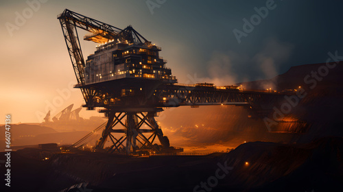 open pit coal mining big excavator silhouette  photo