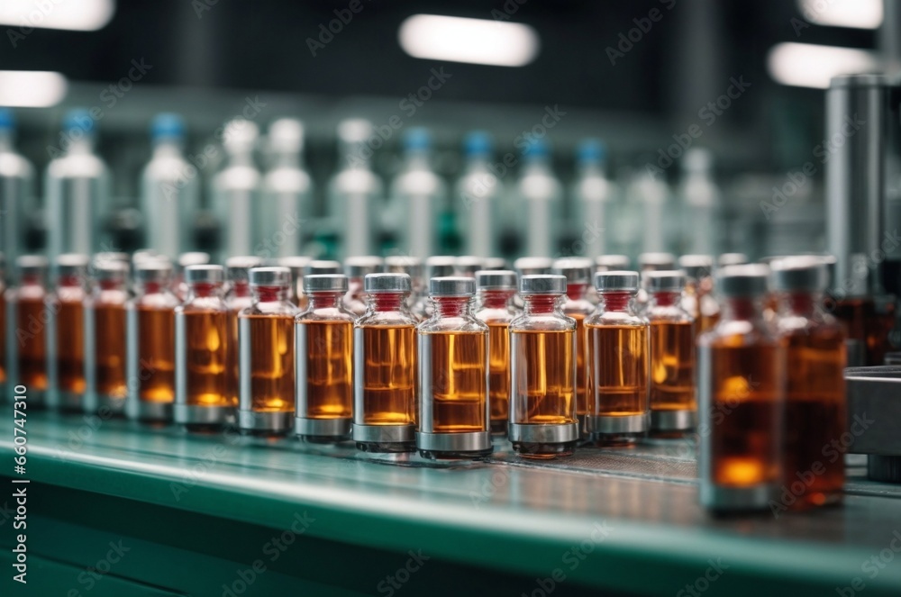 Group of Medical vials or Vaccine bottles on production line at pharmaceutical factory. Medicine in ampoules. Glass vial for liquid samples in laboratory