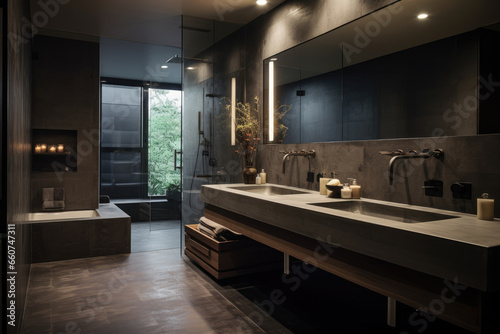 A Captivating Snapshot of a Modern Bathroom with Industrial Elegance  featuring Exposed Pipes and Concrete Countertops in a Stylish  Minimalistic and Edgy Design.