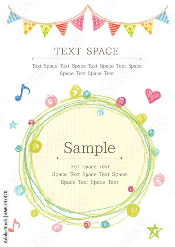 色鉛筆で描いたガーランドやフレームのカラフルでかわいいカード