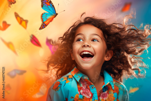 Portrait of a beautiful child on a colored background. A happy child, a joyful and bright childhood.