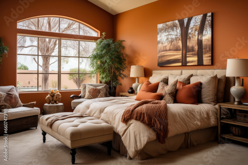 A Stylish and Inviting Bedroom Retreat with Warm Terracotta Colors, Cozy Textures, and Earthy Accents for a Tranquil and Serene Home Decor Ambiance. © aicandy