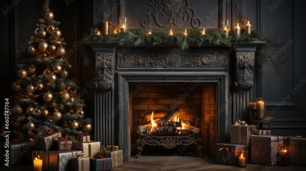 fireplace with christmas decorations