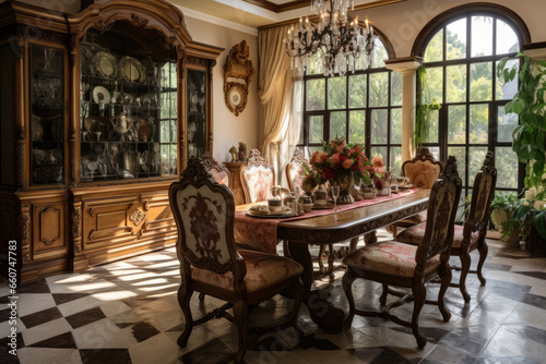 Step into a Luxurious Dining Room of Traditional Italian Elegance, adorned with Ornate Furniture, Warm Earth Tones, and Intricate Craftsmanship, creating an Inviting and Cozy Ambiance.