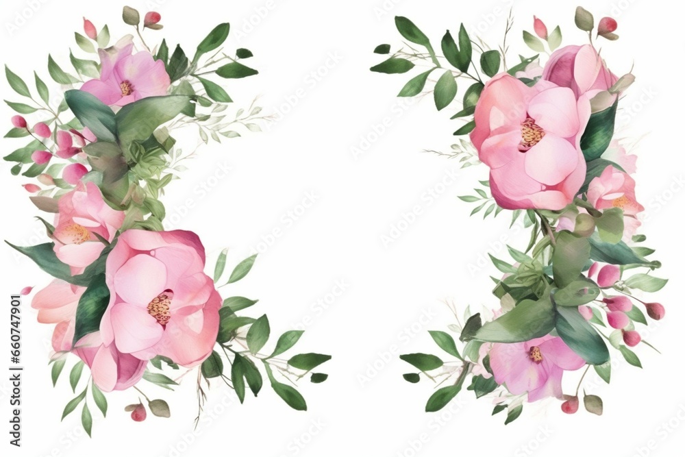 A decorative frame adorned with pink watercolor flowers and green eucalyptus. Generative AI - obrazy, fototapety, plakaty 