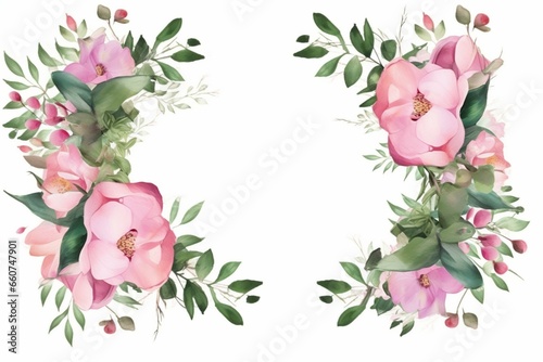 A decorative frame adorned with pink watercolor flowers and green eucalyptus. Generative AI #660747901