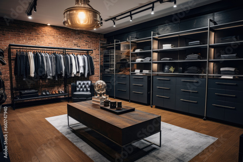 A contemporary, spacious and stylish modern walk-in closet in industrial chic style, featuring exposed brick walls and sleek metal accents, perfect for showcasing clothing, accessories © aicandy