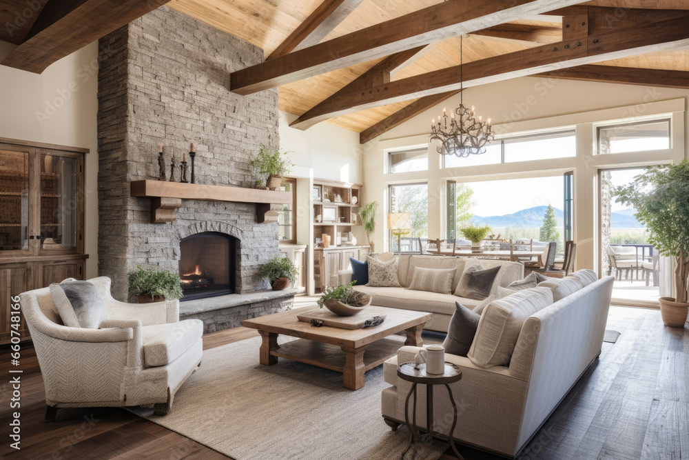 Step into a warm and inviting farmhouse-inspired living room, boasting exposed wooden beams, plush sofas, vintage decor, and abundant natural light, creating a cozy and rustic interior.