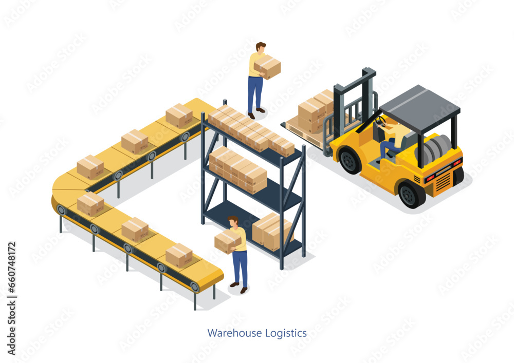 Logistics and warehouse background with workers and cargo symbols isometric vector illustration Logistics and warehouse background with workers and cargo symbols isometric vector illustration