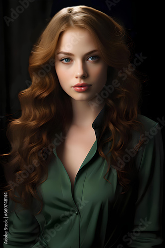 A beautiful redhead woman of model appearance with well-groomed long red wavy hair and an expressive look. Generative AI.