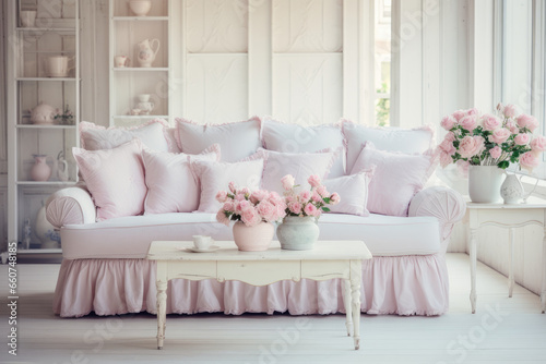 A charming and cozy living room interior with vintage-inspired furniture  delicate pastel tones  and floral patterns  creating a romantic and rustic atmosphere with distressed wood and soft fabrics.