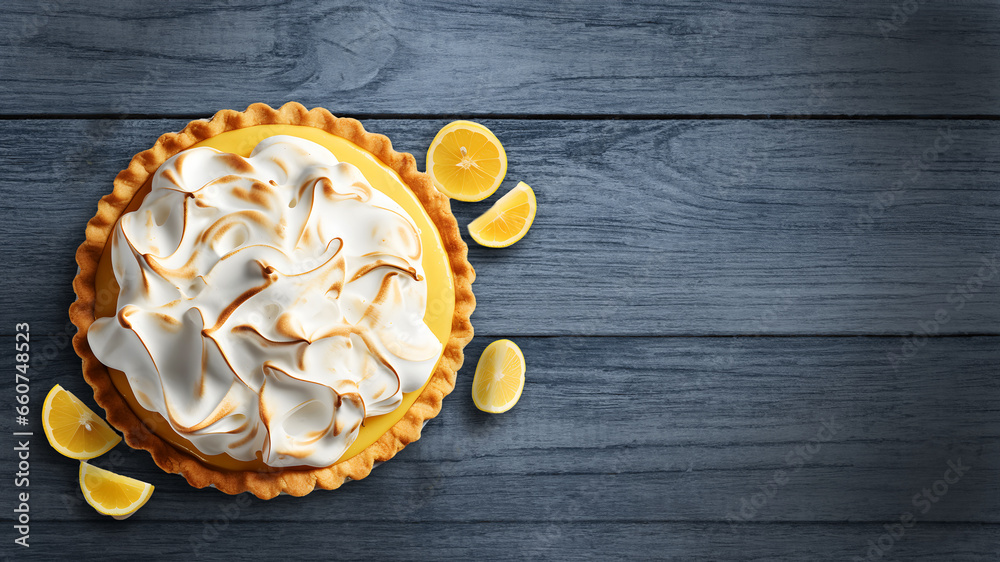 summer time lemon meringue pie with lemon slice isolated on a wooden background with copy space