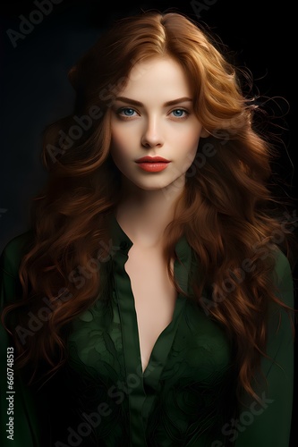 A beautiful woman of model appearance with well-groomed long red wavy hair and an expressive look. Generative AI.