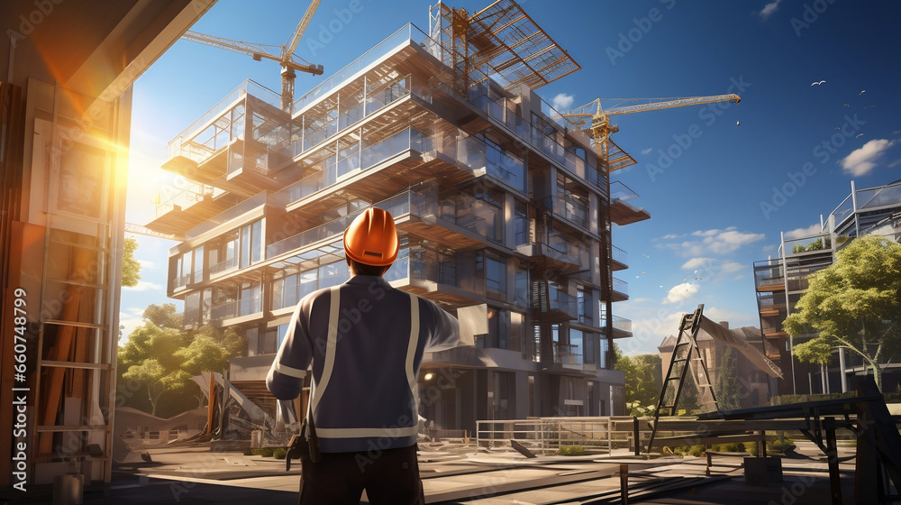 Engineer evaluates the construction process, engineer at a construction site Engineer evaluates the construction process, engineer at a construction site