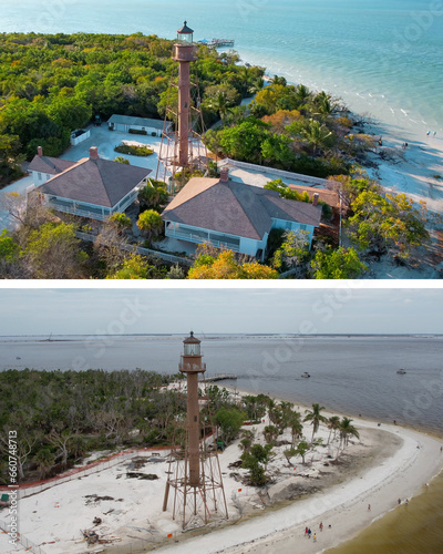 Hurricane on Sanibel Island Beach FL. Florida before and after hurricane. Beach, houses totally destroyed. Hurricane season is dangerous. Tropical nature. Gulf of Mexico. Ian or Idalia. Tropical storm photo