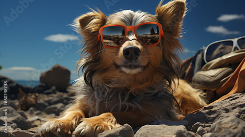 Cute little dog on the beach sunbathing in sunglasses