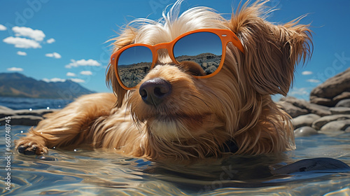 Cute little dog on the beach sunbathing in sunglasses © Colorfrenzy