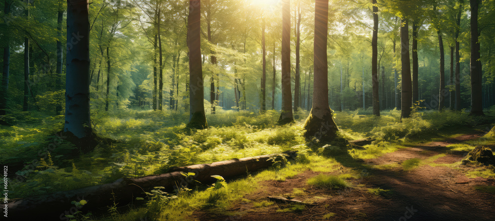 the sun shines brightly through a forest