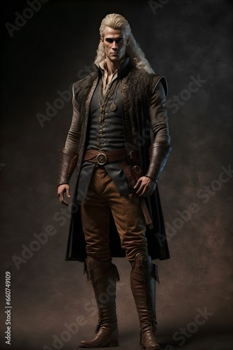 hyper realistic photo natural headtotoe halfelf blonde lower half is thicker than his upper half tall leather boots leather tunic medieval standing up 4k 
