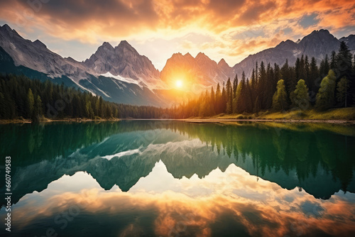 beautiful lake with forest and hills in the background the alps