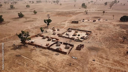 Rural nomadic village in Nigeria, West Africa - aerial reveal