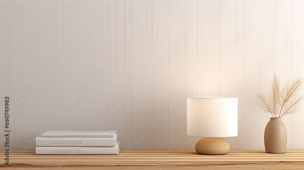 Bookshelf with lamp on wooden wall background