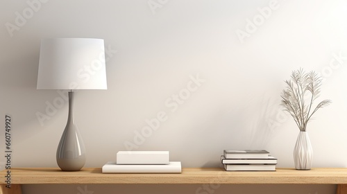 Bookshelf with lamp on wooden wall background © ffunn